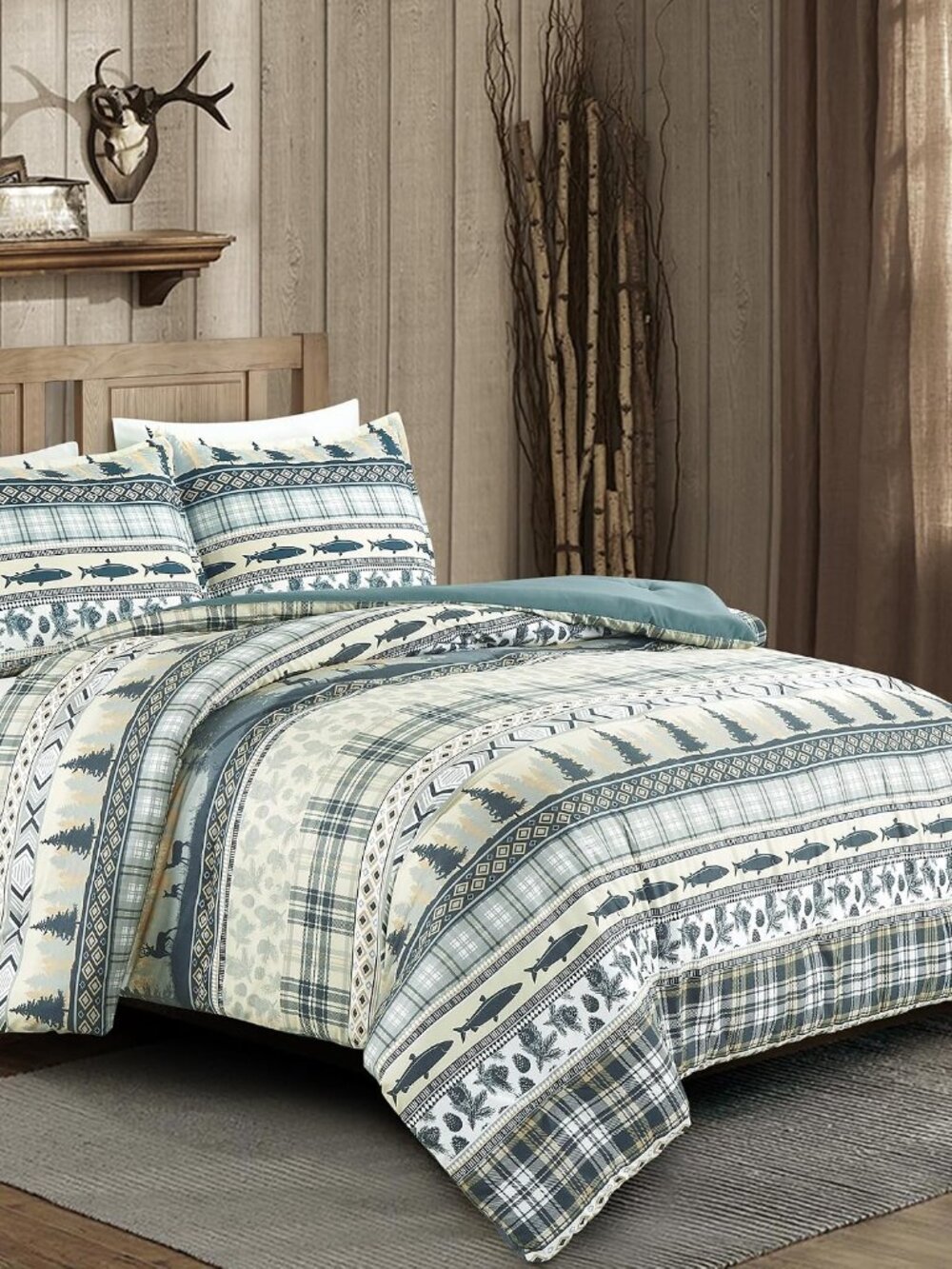 Meadow 3-Piece Cabin Lodge Comforter Set - Multicolor Pine Tree Fish Deer Explor